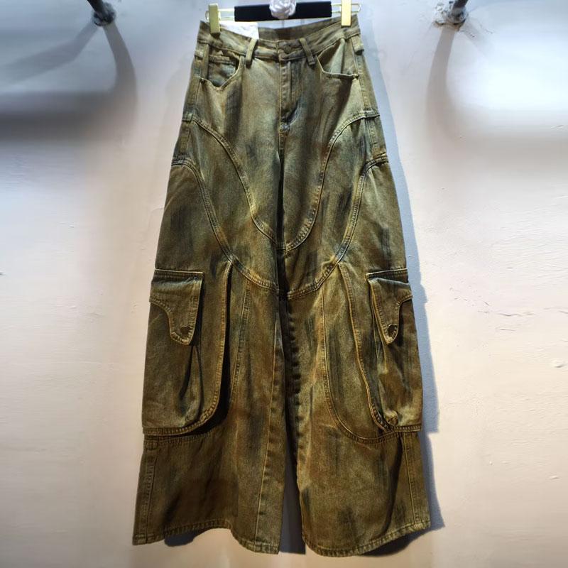 European Station Autumn Clothing New High Waist Skinny Painted Multi-Pocket Wide Leg Straight Jeans Trousers Women's Pants