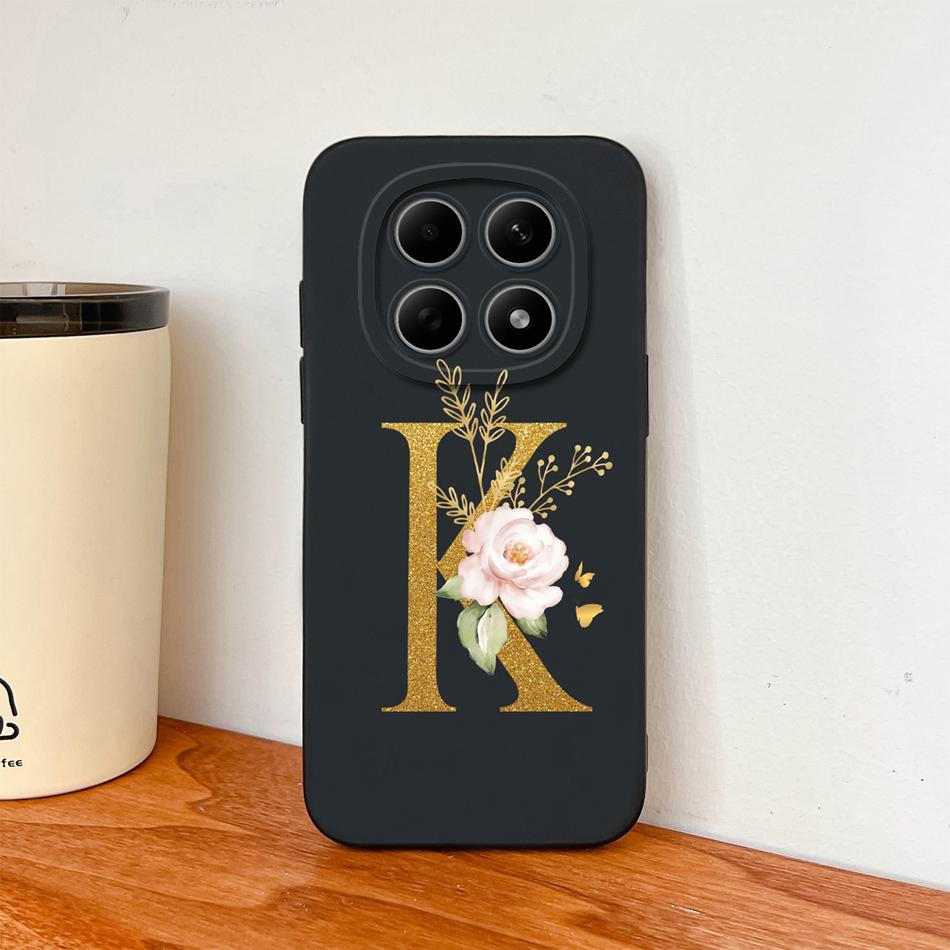 Floral Gold Letters Cover For Poco M8 Pro Phone Case Soft Smooth Liquid Silicone Anti Drop Protective High Quality Couple Bumper