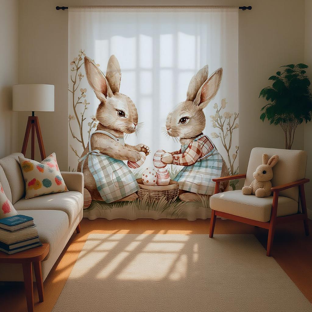 Single Panel Easter Bunny Curtain Rabbit Egg Pattern Pole Window Kids Room Spring Decor With Light Filtering Polyester