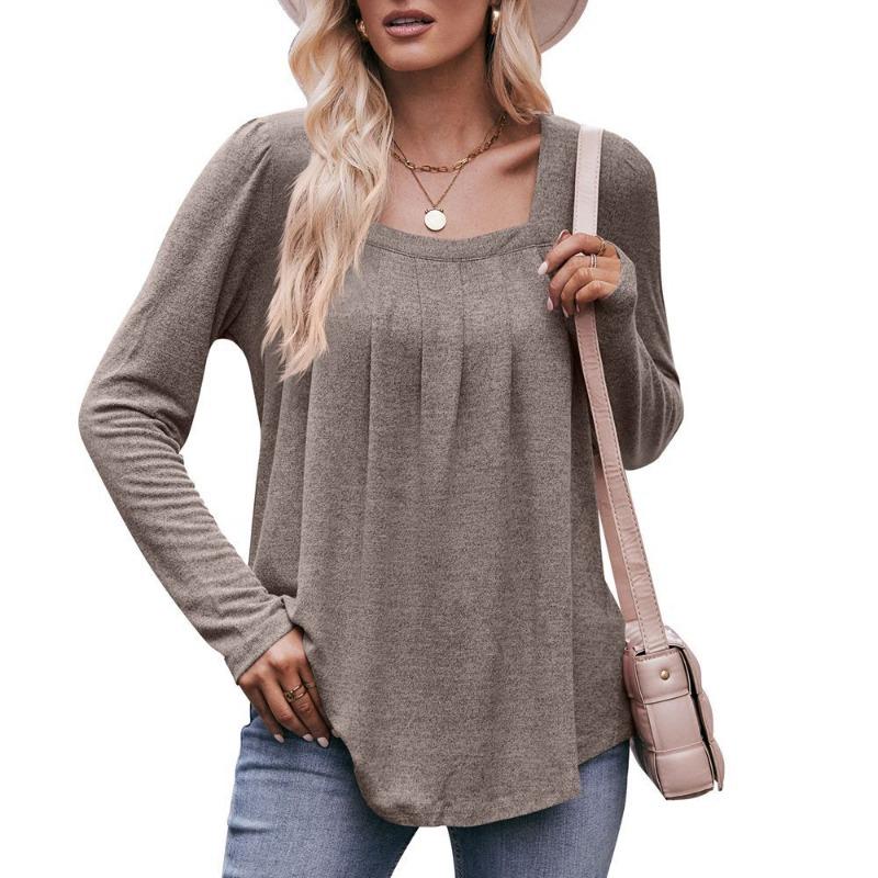Women's Autumn and Winter New Style Casual Puff Sleeve Square Collar Press-pleated Long-sleeved T-shirt Pullover