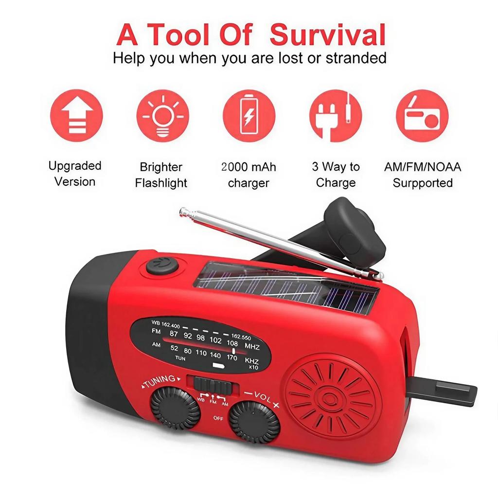 2000mAh Solar Hand Crank Emergency Radio AM FM WB NOAA Weather Alert USB Charger LED Flashlight Power Bank for Outdoor