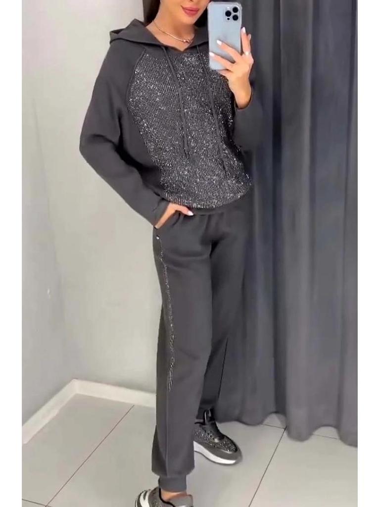 Trendiges Damen-Strass-Kapuzensweatshirt und Jogger-Set für Frühling und Herbst 2024.