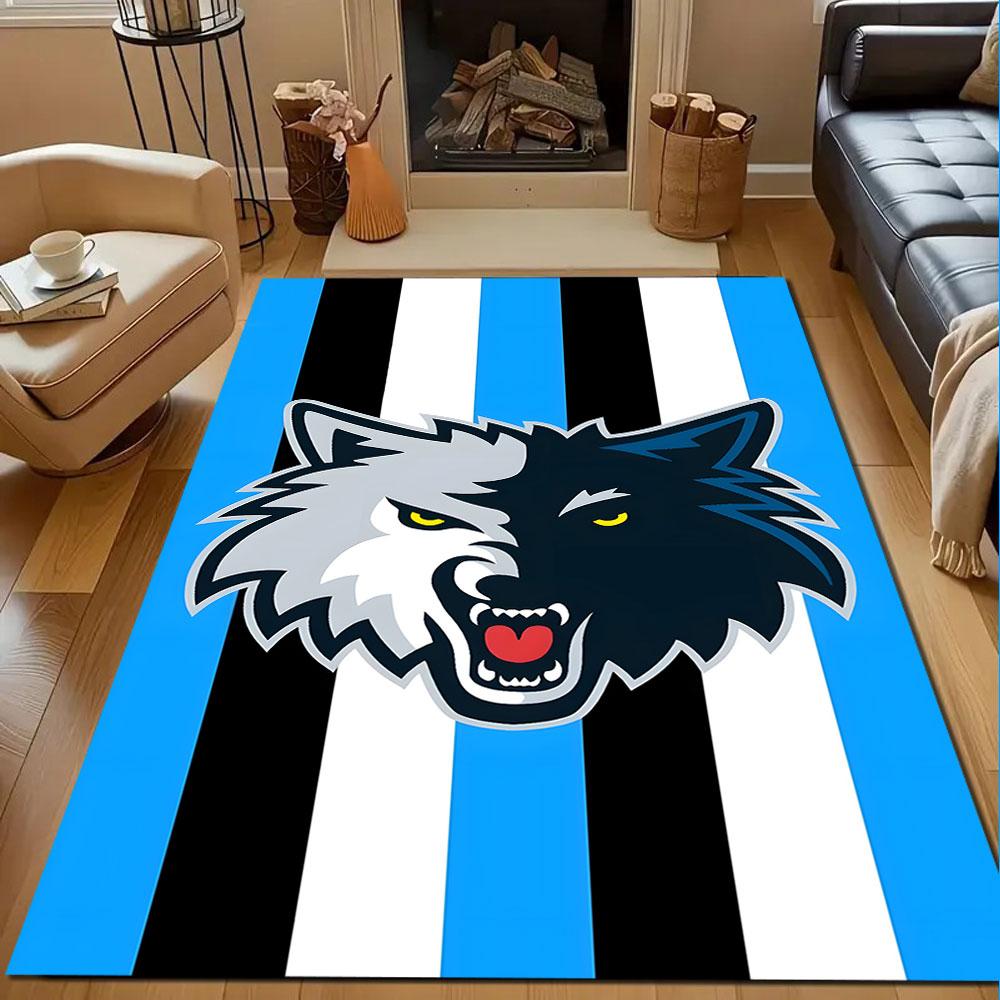 "Fierce Wolf On Blue Striped Background" Patterned Carpet, Non Slip Mat Suitable for Living Room and Bedroom Sofas