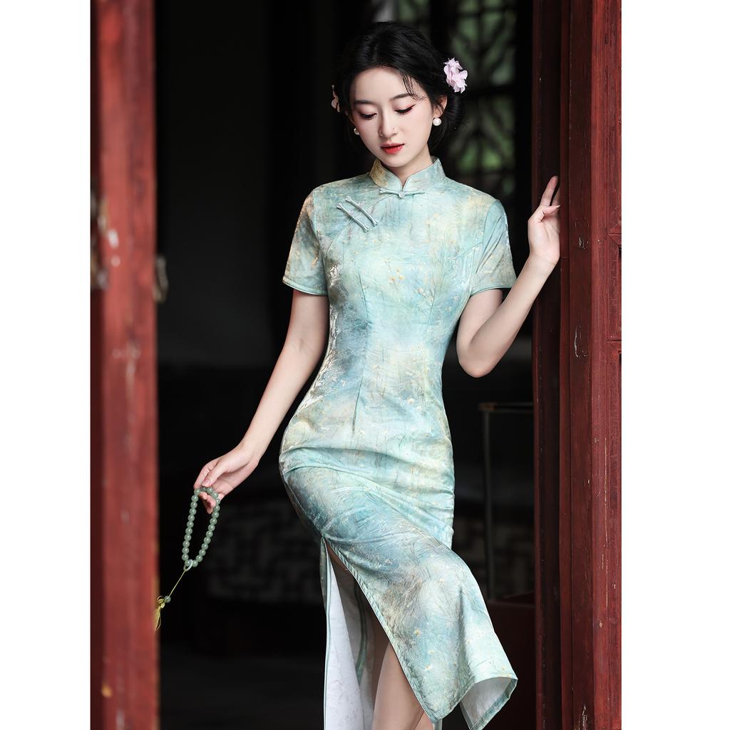 Green 1011 summer new new Chinese style improved young wide Chinese style long temperament cheongsam skirt