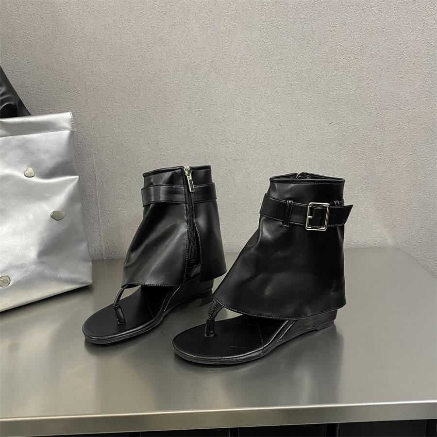 2025 new round head side zipper personalized toe wedge heel belt buckle high heel cool boots herringbone Roman sandals women's shoes
