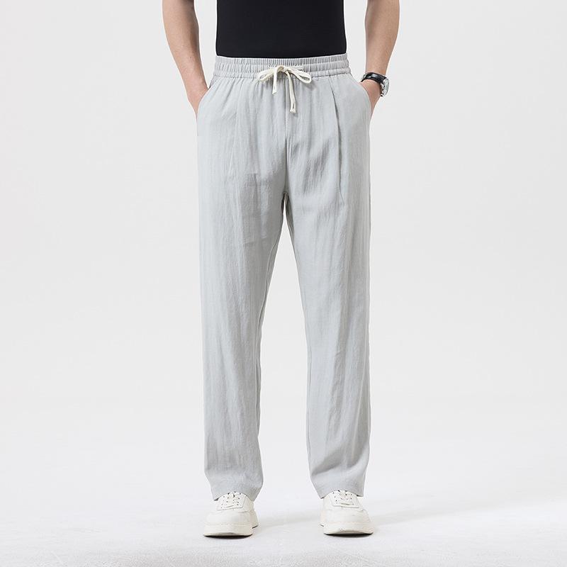 Men Loose Linen Pants Elastic Waist Drawstring Casual Long Trousers