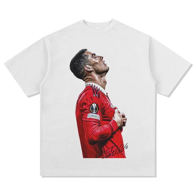 Cristiano Ronaldo Manchester United Ikonische Jubel-Pose Vintage-Porträt Übergroßes T-Shirt, Fußballlegende Grafik-T-Shirt, Unisex Freizeit-Oberteil