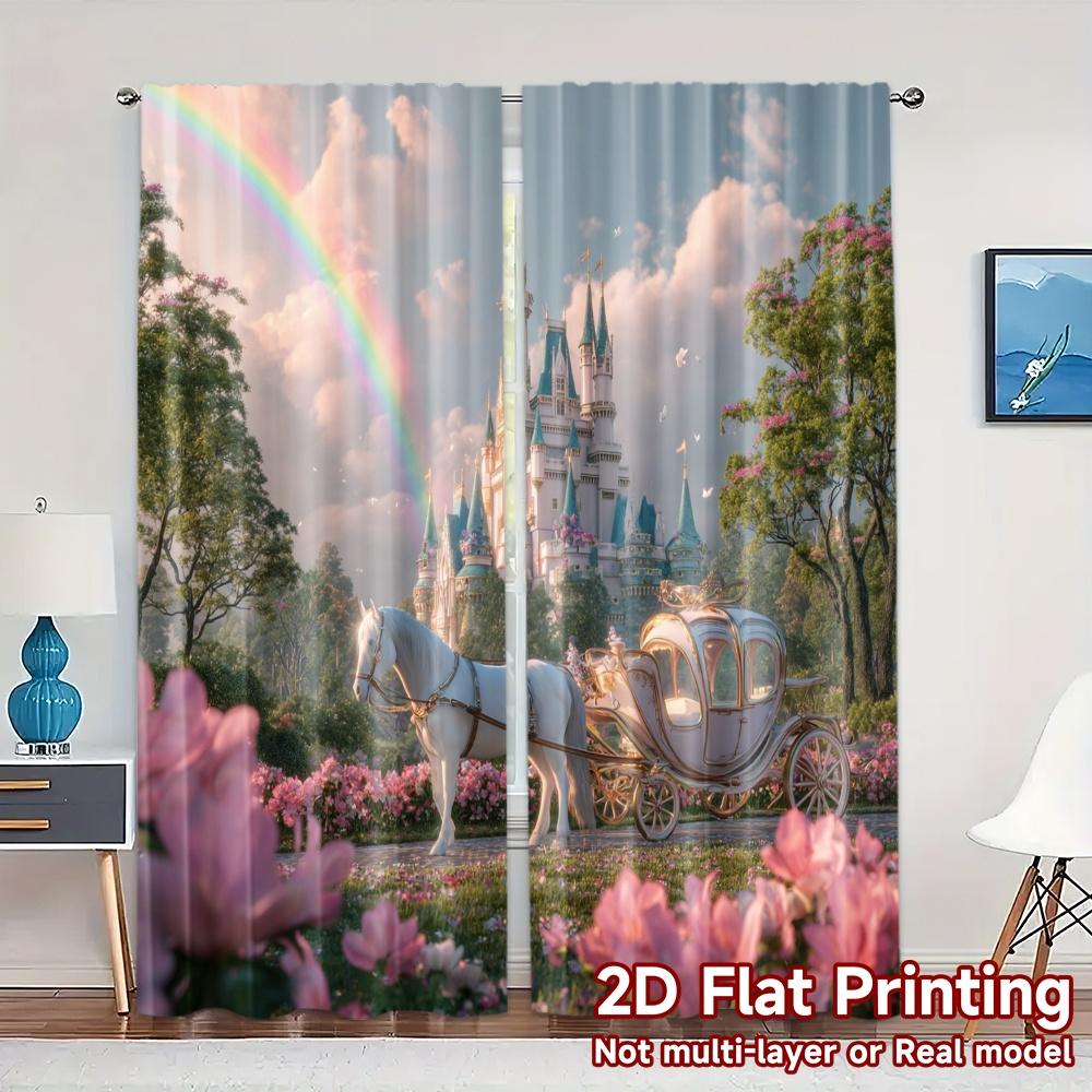 

Set Of 2 Flat Printing Curtains Without Rod Fairytale Bliss Fashionable Popular Semi Decorations Curtain With Light Filtering Polyester W100*H70(CM)-Grommet top&1PCS