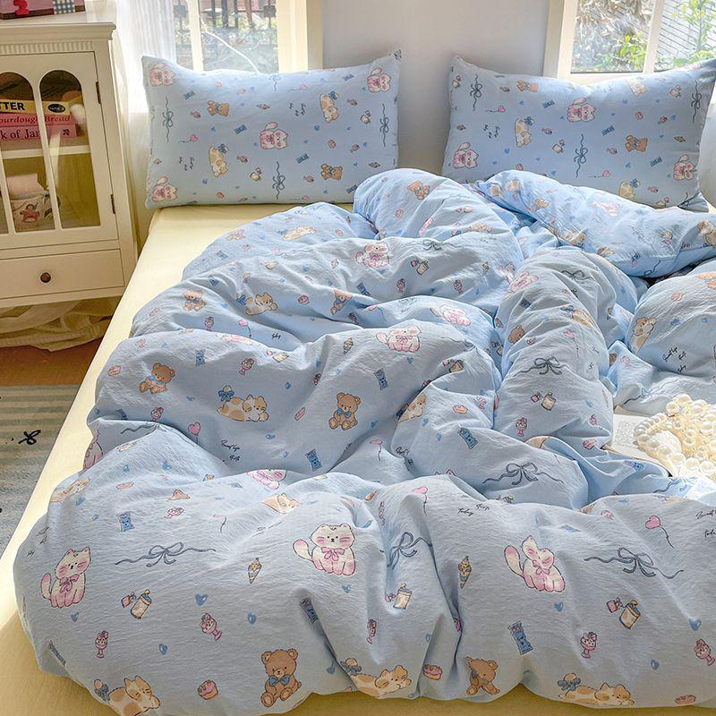 Ins Cute Blue Cat Bedding Sets 2025 New Soft Bed Sheet Set For Girls Washed Cotton Dormitory Quilt Set No Filling