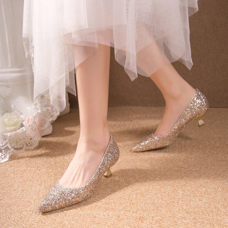 Autumn New Large Size Sequined Stiletto Single Shoes Pointed Head Shallow Mouth High Heels Medium Heel Bridesmaid Bride Shoes
