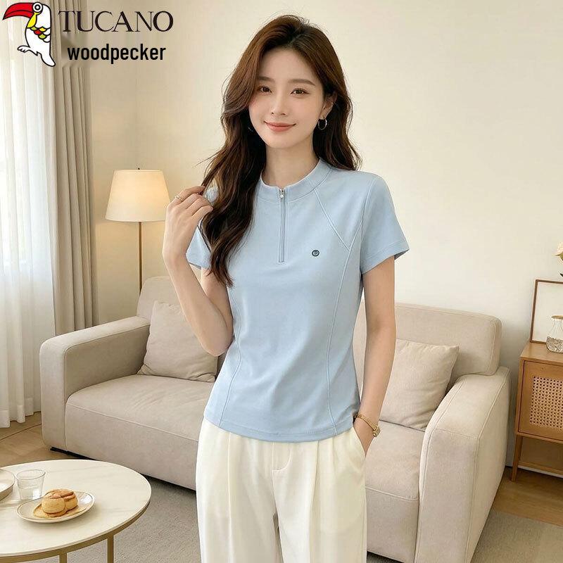 Women's Pure Cotton Half-Zip Stand-Up Collar T-Shirt