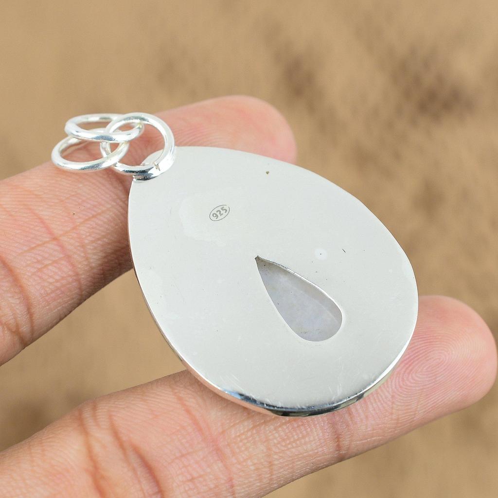 925 Silver Pear Rainbow Moonstone Stone Anniversary Sister Crown Chakra Pendant
