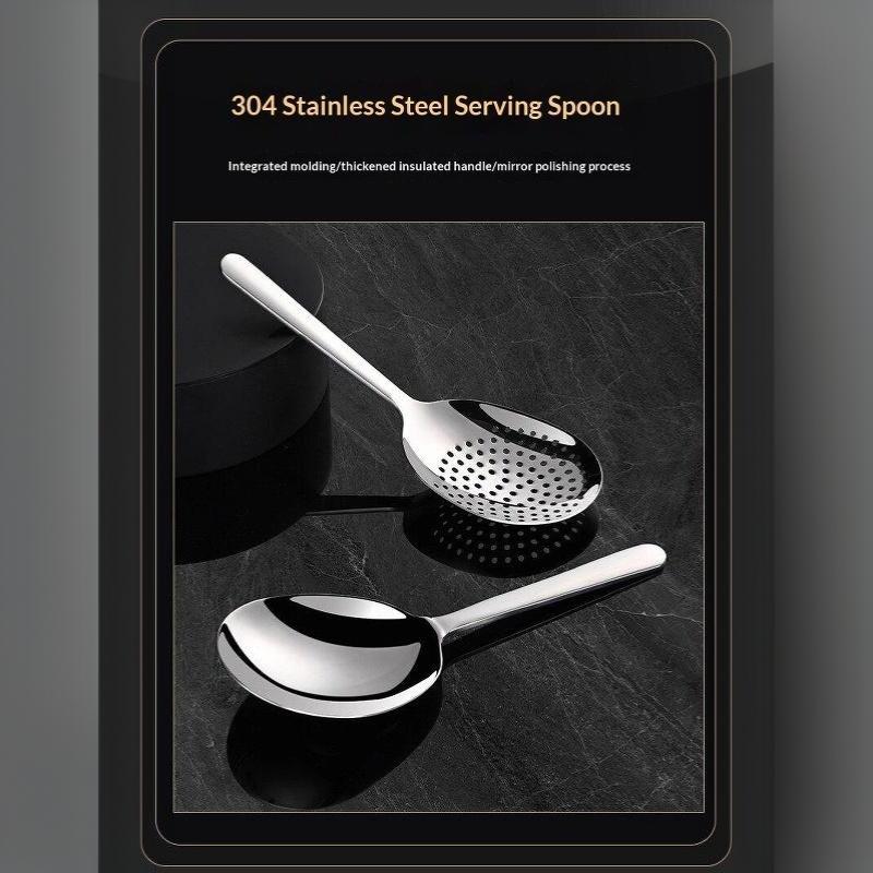 Stainless Steel Kitchen Spoon Set Food Grade Smooth Polished For Cooking Straining Noodles Serving Rice