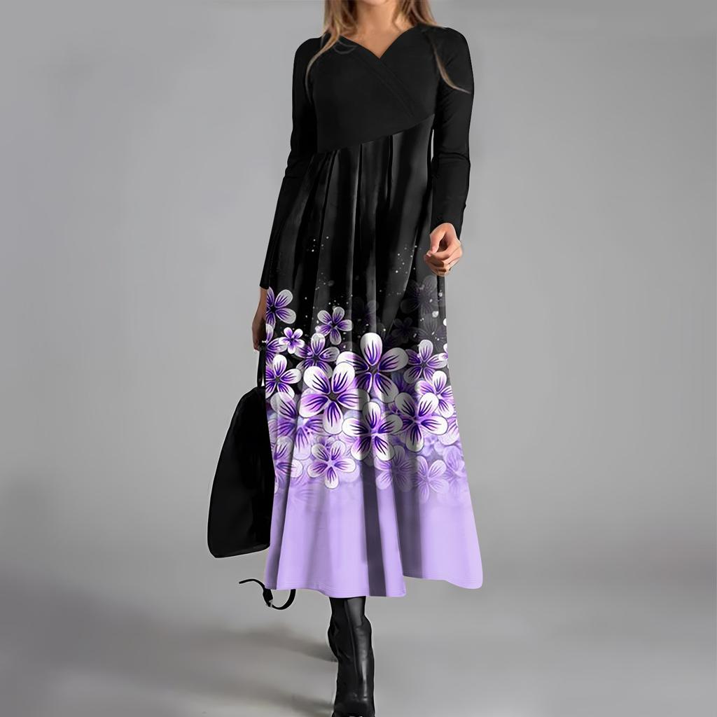 Ladies' Casual V-neck Long Sleeved Dress Printing Loose And Oversized Dress