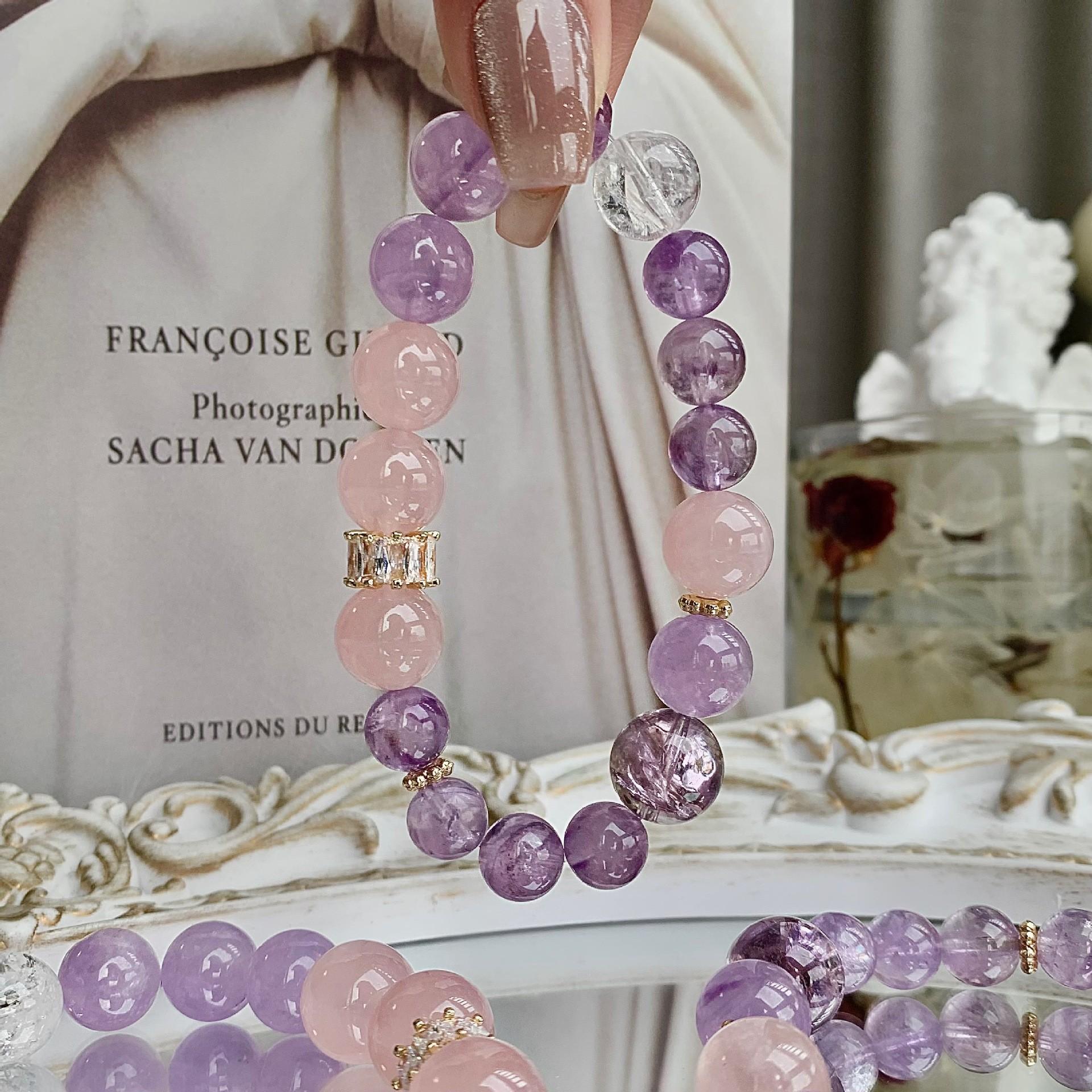 

New product launch: Nine-Li Purple Fire Natural Pink Quartz Amethyst Crystal Bracelet, new jewelry, natural crystal bracelet 12mm+8mm Combination of n