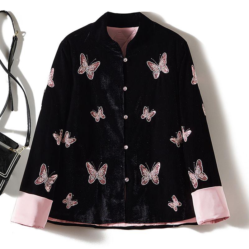 

Stand Collar Butterfly Flash Diamond Buckle Gold Velvet Cotton-Padded Coat Cotton-padded jacket Xinjiang Cotton Filling Outerwear Autumn and Winter Black 3XL recommend 77.50kg