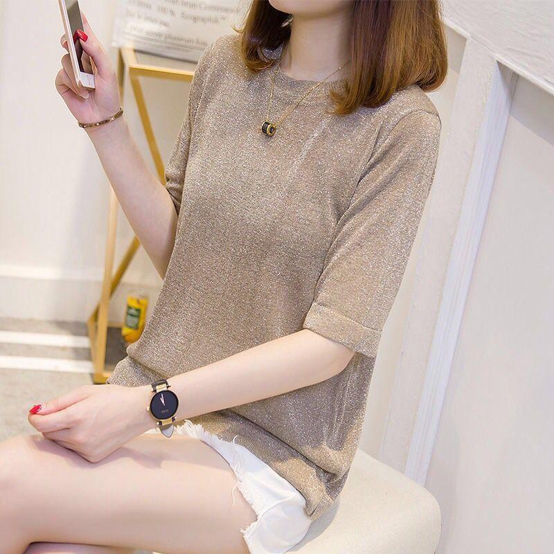 Damen Ice Silk Kurzarm T-Shirt Sommer Strickhemd Halbarm Top Ins Damenmode Kurzarm