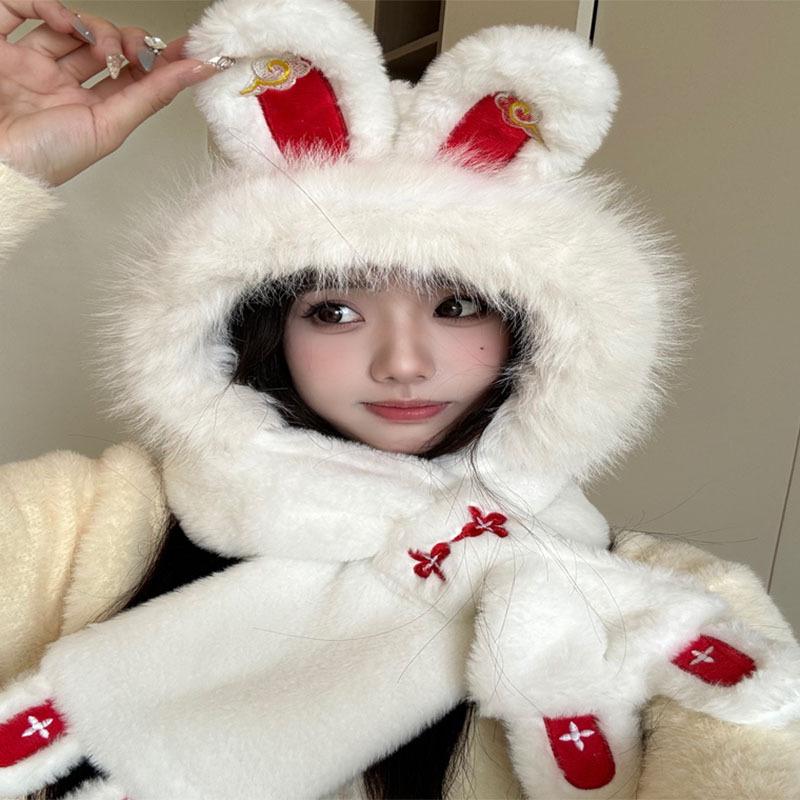 New New Year's rabbit plush hat scarf integrated female cute winter cycling warm scarf female cute