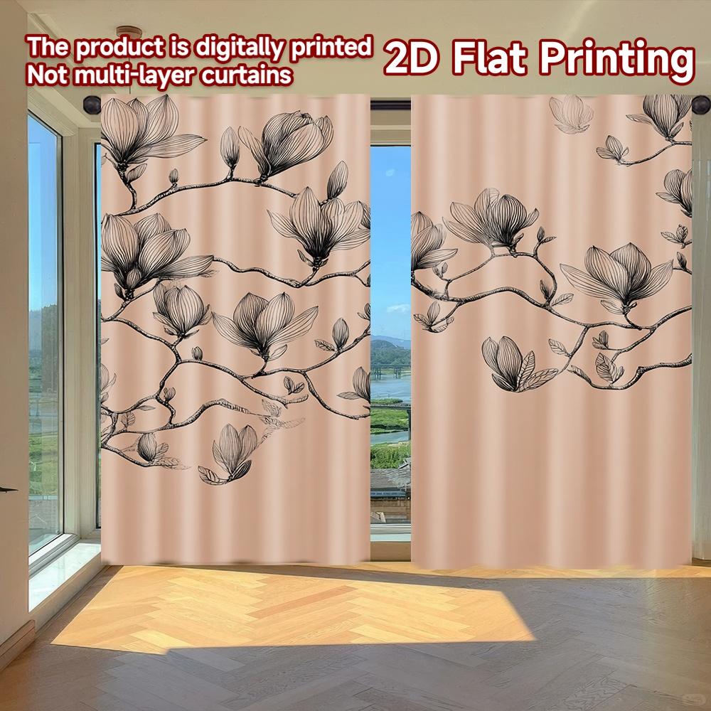 

Set Of 2 Flat Printing Curtains Without Rod Floral Sketch Design New Year Holiday Digital Versatile Curtain Polyester W100*H70(CM)-Grommet top&1PCS