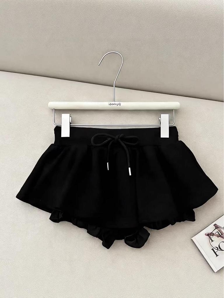 Gray High-Waist A-Line Fluffy Mini Skirt with Drawstring - Women's Spring/Summer Versatile Skirt Pants