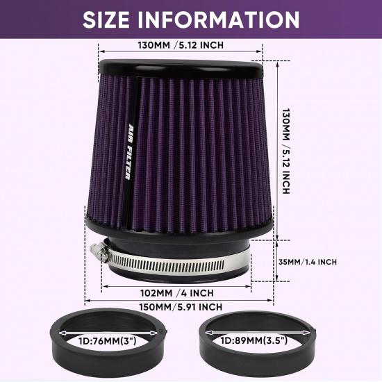 3 3.5 4 Inches Cold Air Intake Filter 76mm 89mm 101mm High Performance Washable Clamp-On Replacement Cone Air Filter 3 in 1 Size Purple