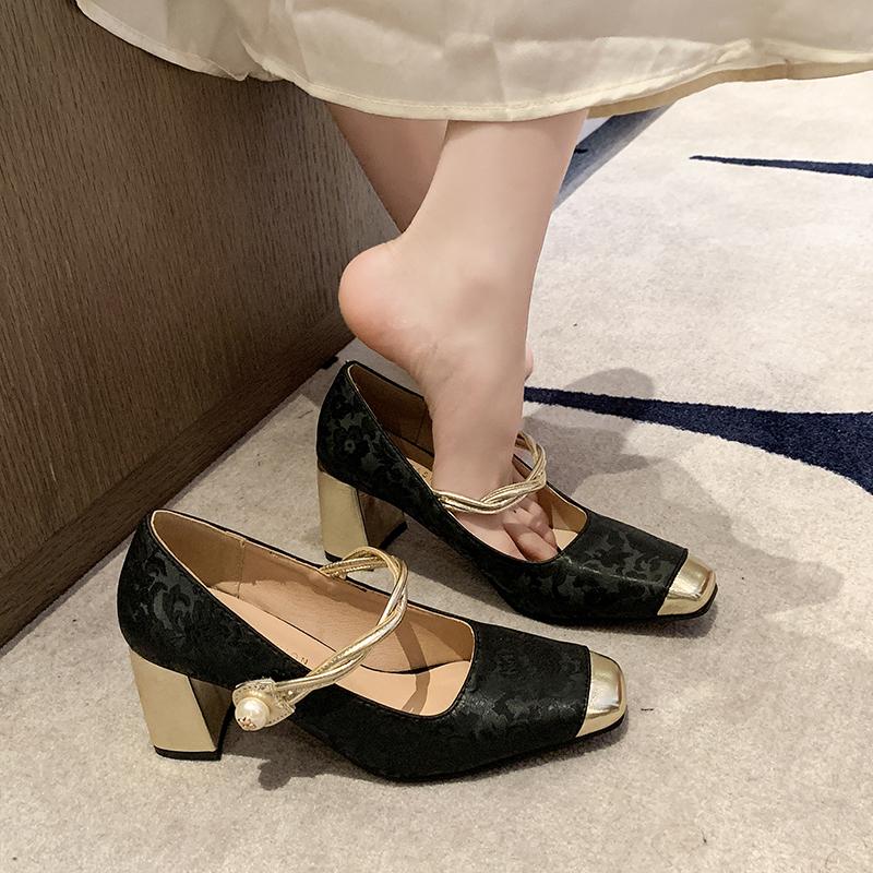 2025 Spring and Autumn New Square Head High Heels with Bold Heels, Green Women's Shoes, French Velcro Strap Women's Shoes