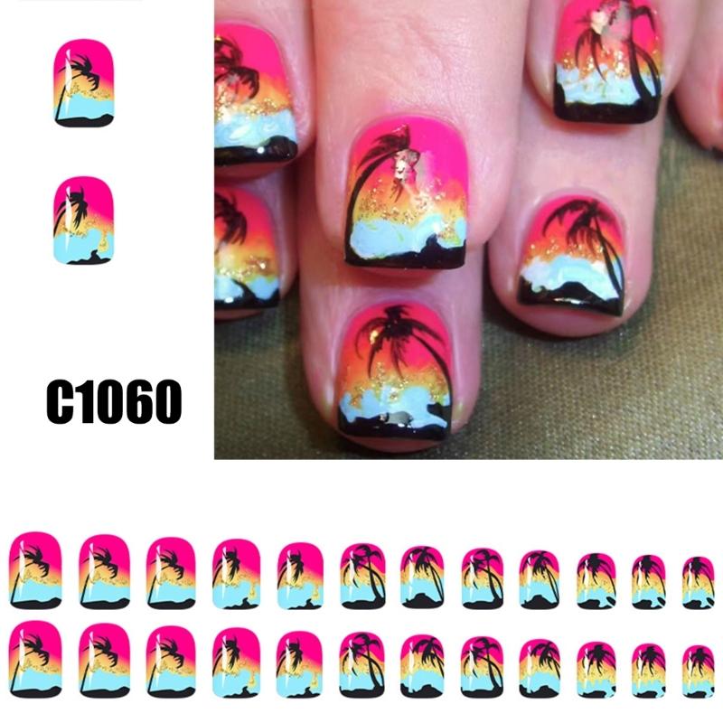 24Pcs Glossy Coconut Tree False Nail Short Square Press On Artificial Nail Tropical Beach Design For Salon Or Home