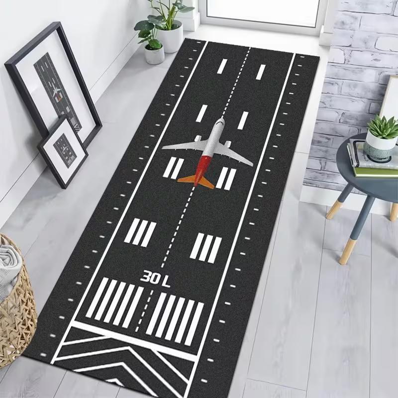 Aviation Runway Long Runner Rug Non Slip Hallway Entryway Carpet Soft Wear Resistant Kids Playroom Decor Mat