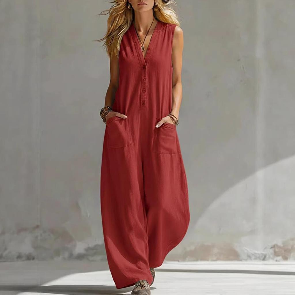 Women's Spring/Summer Sleeveless Jumpsuit - Casual Linen Cotton, European & American Style