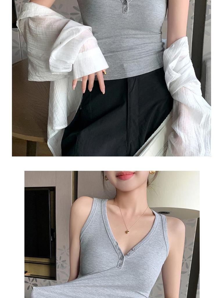 K3019 Threaded Button V-Neck Camisole - Women's Slim-Fit Cotton Top, Spring/Summer Style