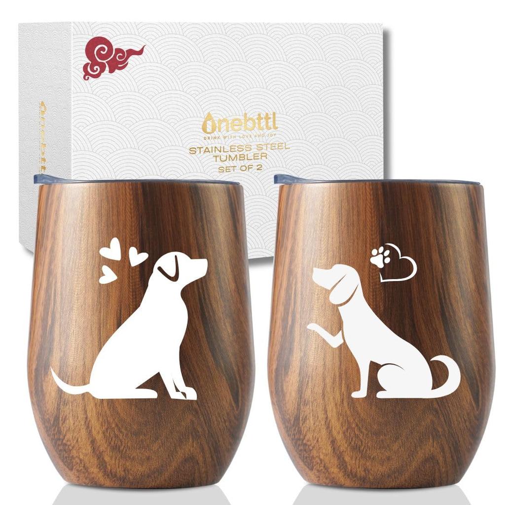 Two 350ml Vacuum Insulated Dog Mugs with Perfect for Dog or Perfect for or Any Features a Wood Grain Finish and Keeps Drinks Hot or Lids, Lovers,