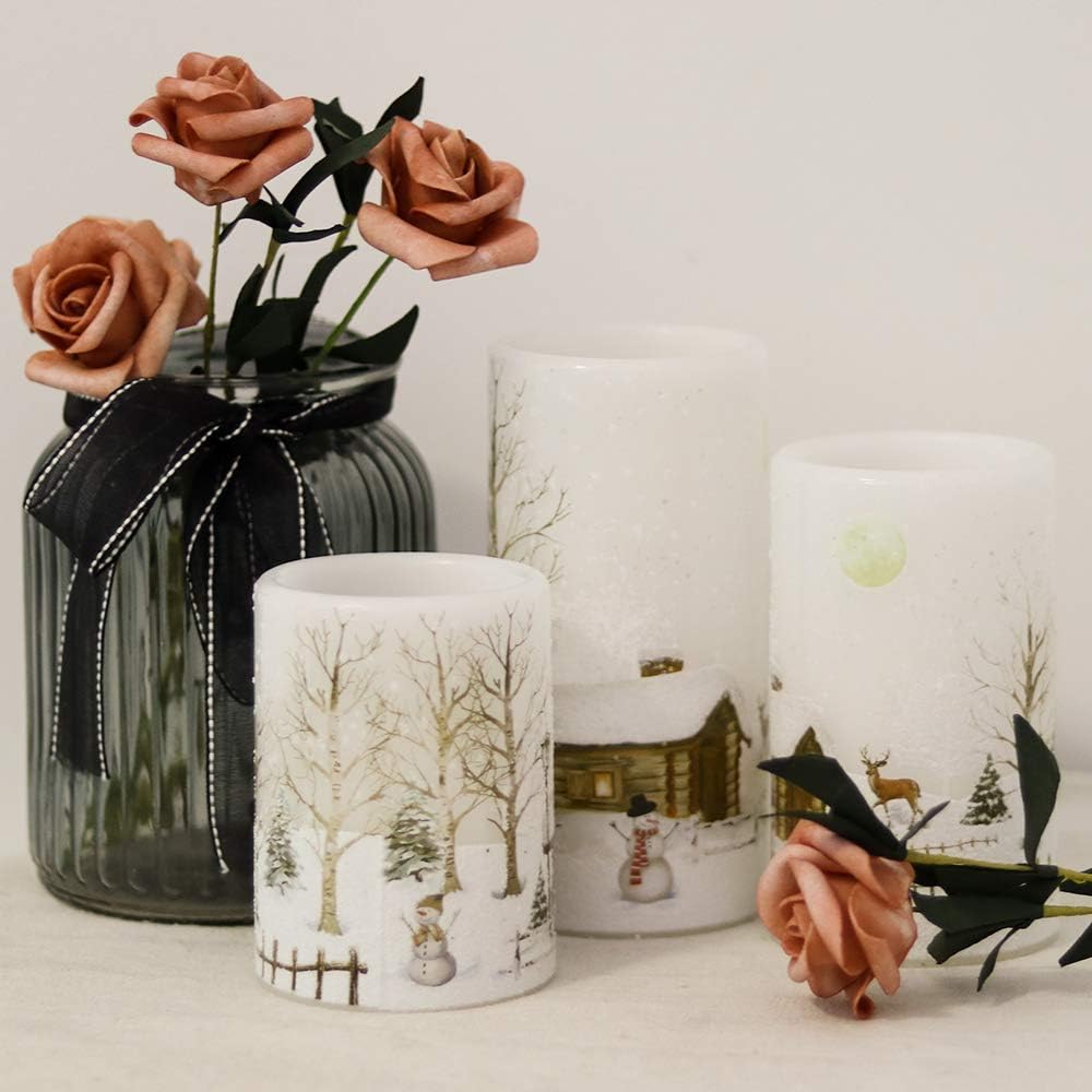 GenSwin Christmas Snowman Flameless Candles Flickering Battery Operated with Timer, Real Wax Led Pillar Candles Warm Light, Christmas Snowman Deer