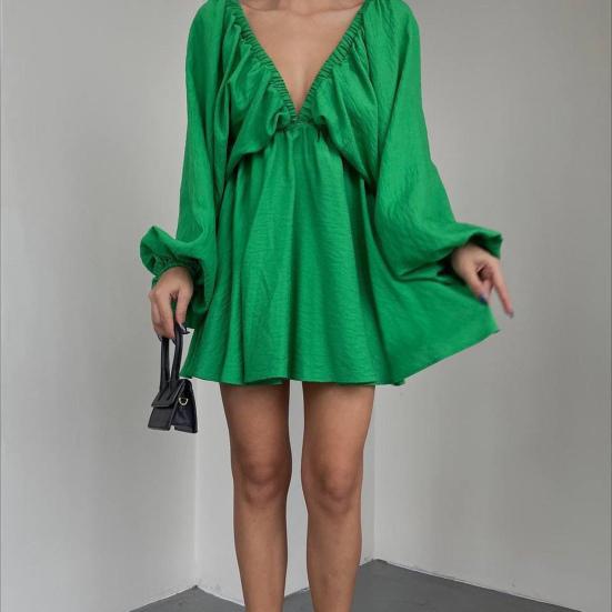 Dámské Společenské šaty Jednobarevné Dlouhý rukáv s výstřihem do V Nízký střih nad kolena Lampionové rukávy Velký lem Letní plesové šaty Dámské oblečení