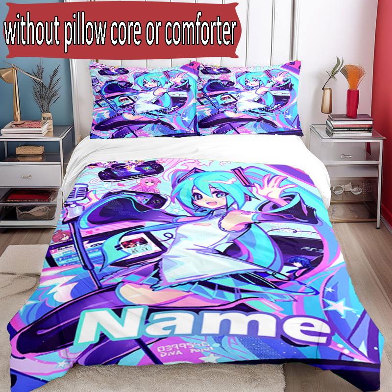 3pcs Duvet Cover Set (1*Duvet Cover + 2*Pillowcase, Without Core), Custom Name Hatsune Miku Pattern Bedding Set, Home Bedroom Decor Gift