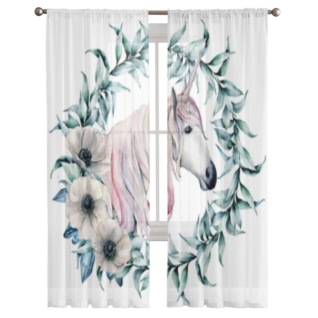Eucalyptus Leaves And Unicorn Chiffon Sheer Curtains For Living Room Bedroom Decoration Window Tulle Curtains Drapes