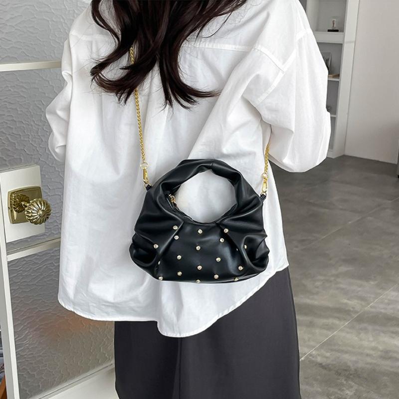 Vintage Rivet Design PU Shoulder Bags for Women Solid Color Ladies Chain Crossbody Bag Simple Girls Hobos Handbags Phe Clutch