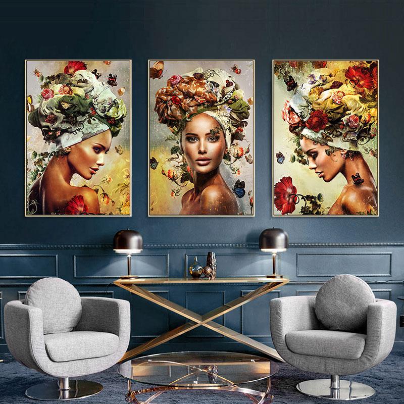 Abstrakte Frauen mit Blumengemälde auf Leinwand, moderne Schönheitsmädchen-Poster, Wandkunst für Bedeoom, Wohnzimmer, Dekoration, Cuadros