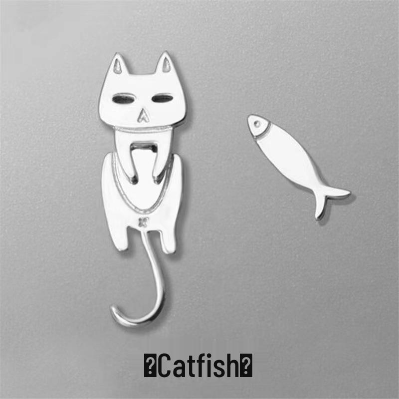 S925 Sterling Silver Asymmetrical Cat and Fish Stud Earrings, Korean Cute Fashion for Women