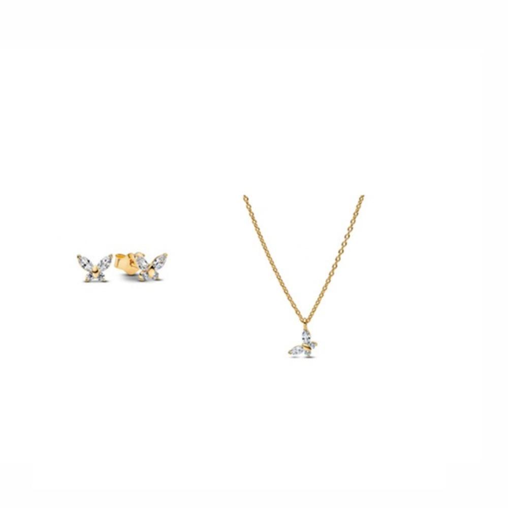 Gold Plated Bow Butterfly Earrings Silver White Copper Matching Necklace Set Elegant Jewelry for Women