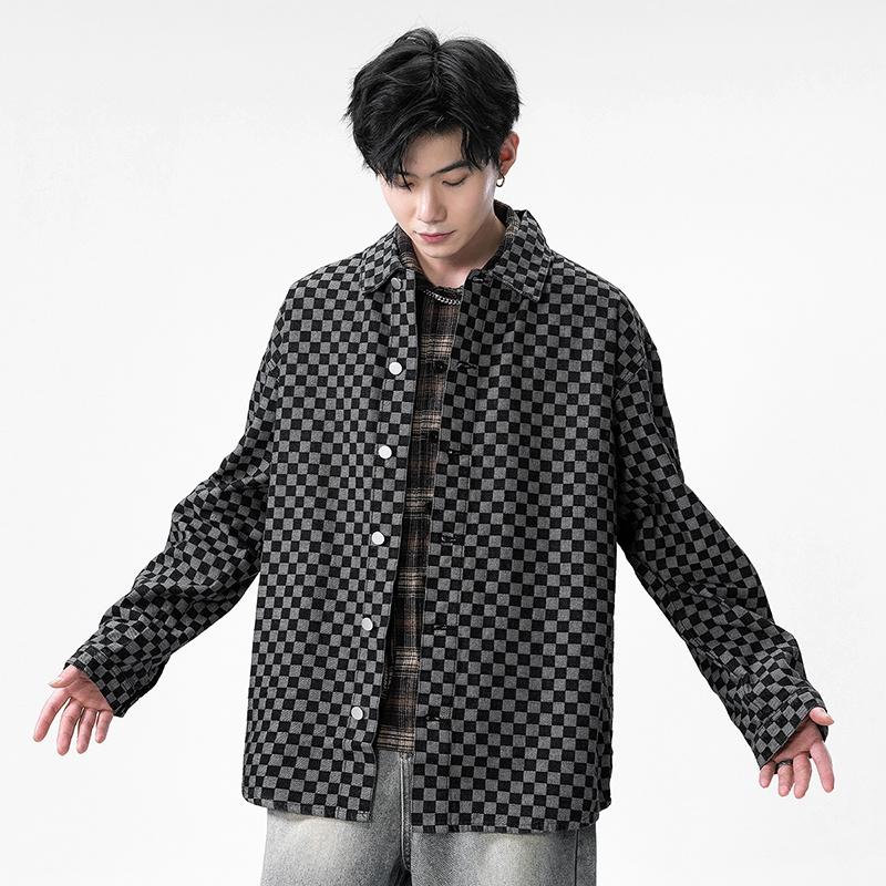 Checkerboard American Workwear Denim Shirt Men's Long-sleeved Casual Shirt Retro Trendy Jacket