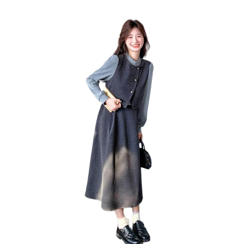 French Chic Faux Two-Piece Dress – Women's Spring 2026 Elegant Slimming Long Skirt