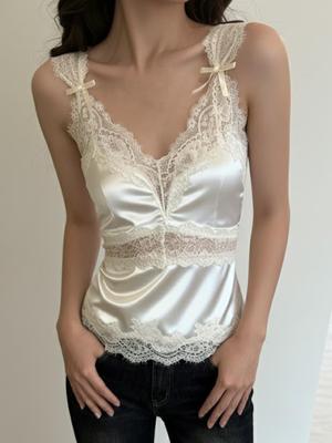 Elegant Satin V-Neck Camisole with Lace Splicing and Wide Straps