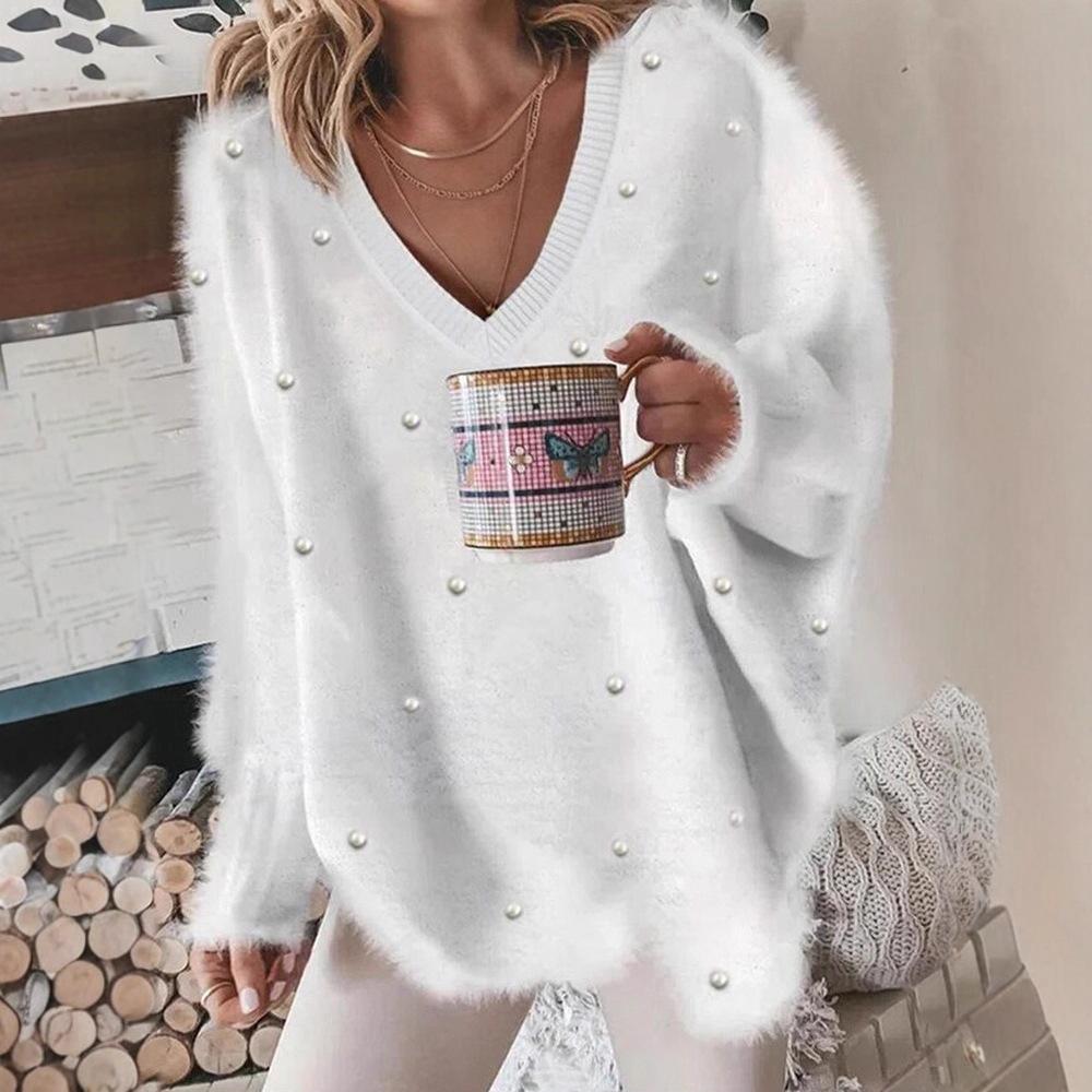 2025 A/W V-Neck Beaded Solid Color Sweater for Women