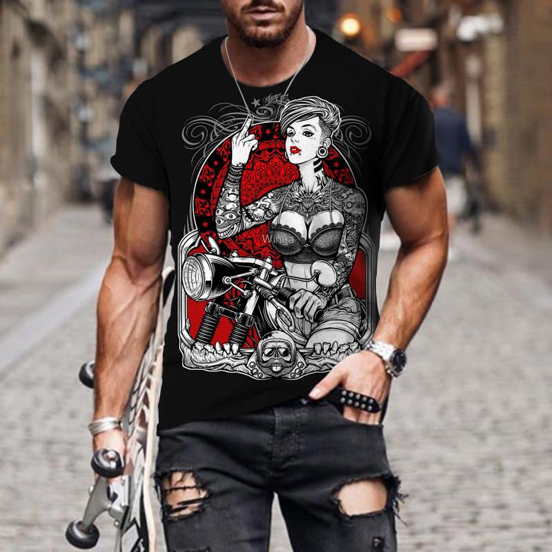 

Vintage Motorcycle Beauty 3D Print Men s T-Shirt Summer Classic Casual O Neck Short Sleeve Fashion Loose Oversized Top Men