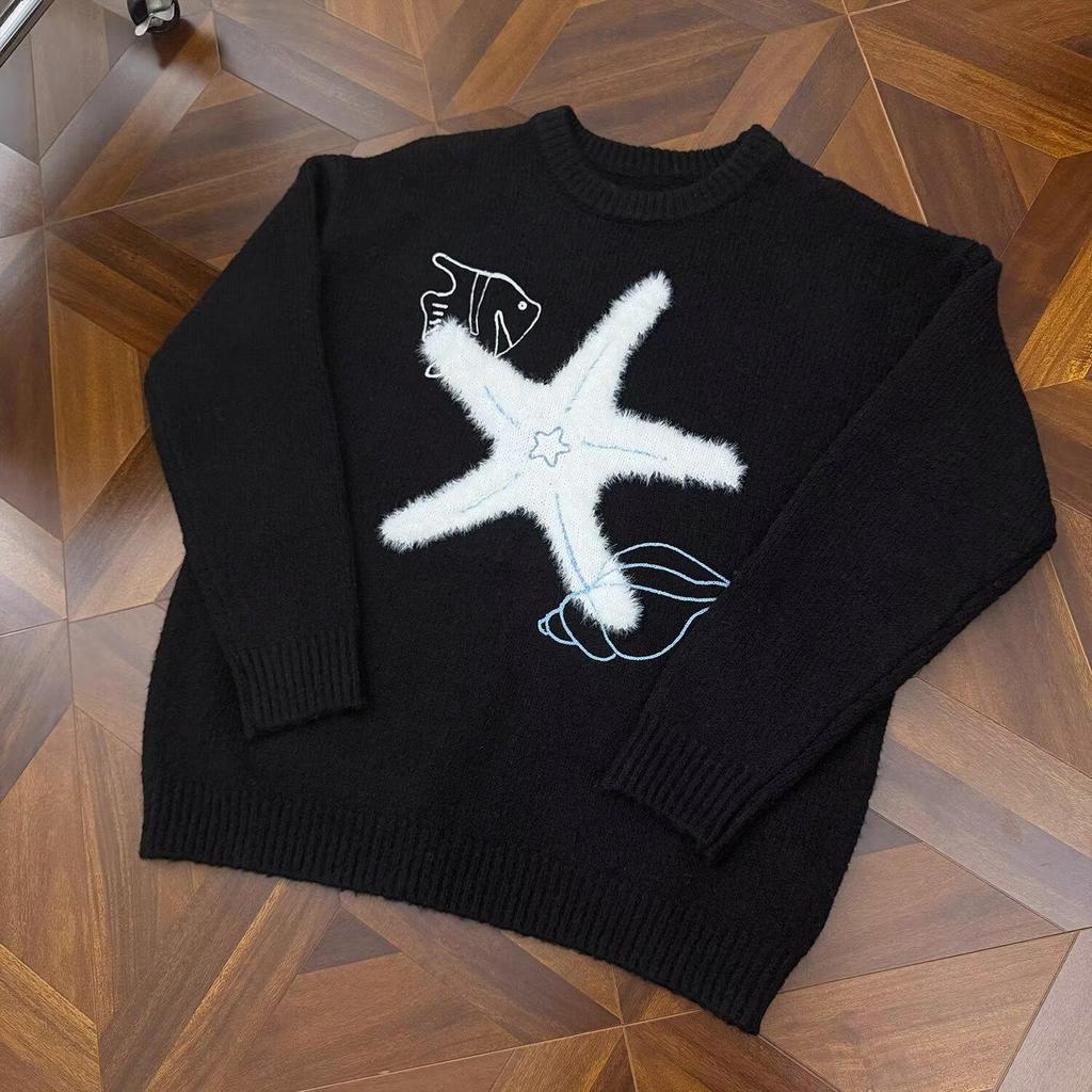 Unisex Korean Lazy Star Embroidered Round Neck Sweater - Casual Autumn/Winter Knit Top