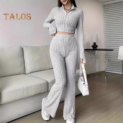 2 Pcs/Set Women Spring Commuting Outfit Top Flared Pants Set Zipper Closure Thread Stand Collar Coat High Waist Sport Tracksuit Elastic Daily Clothes
