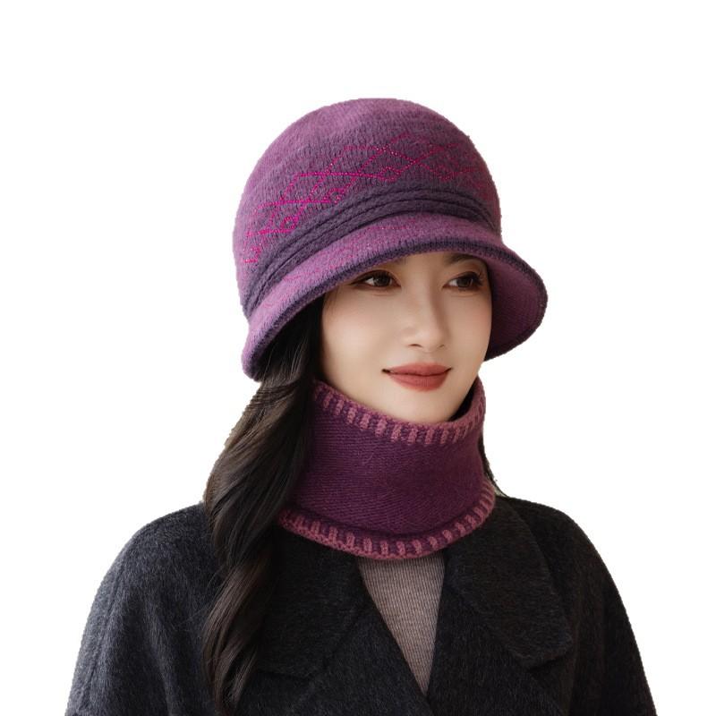 Autumn And Winter Women'S Purple Knitted Hat Scarf Set, Short-Brimmed Hat, High-Necked Scarf, A Must For Warm And Fashionable Temperament