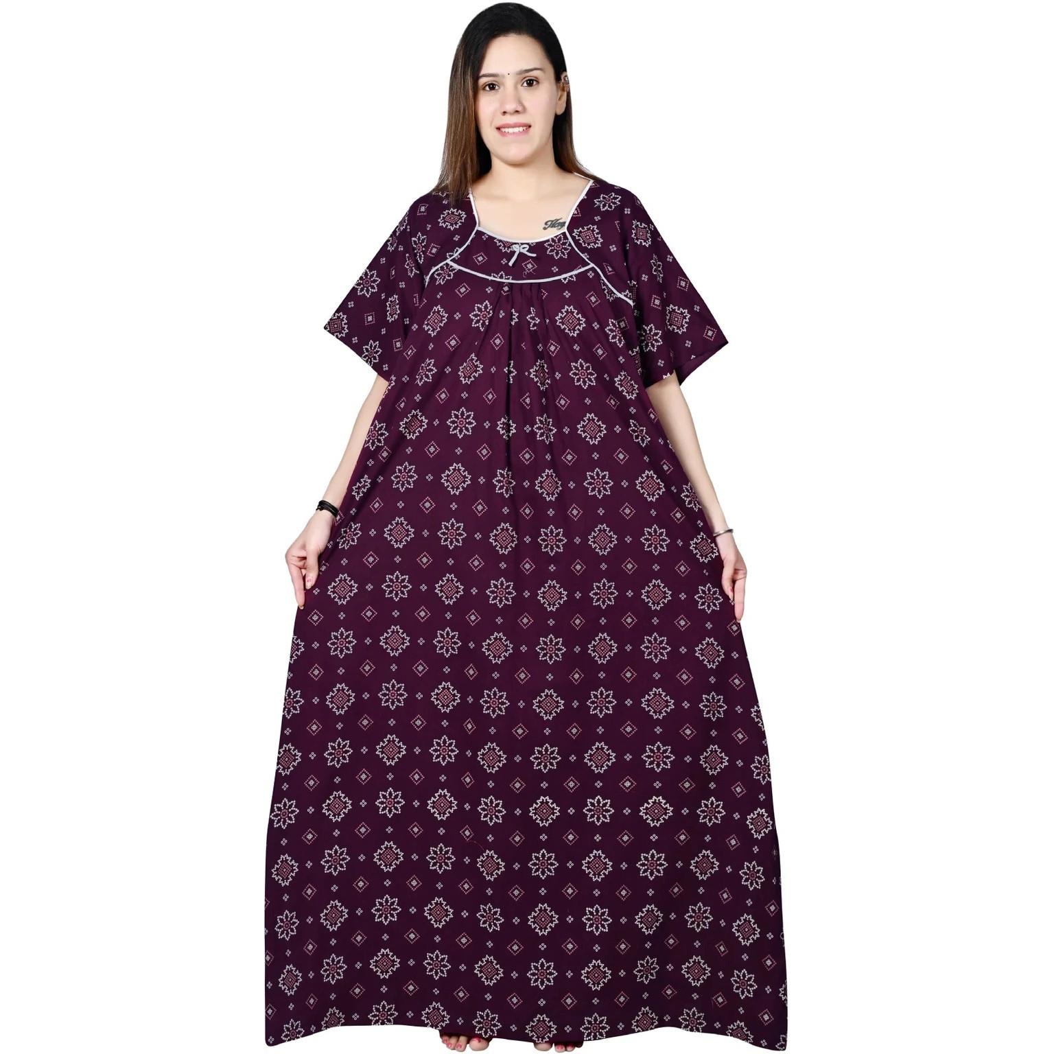 

Purple Floral Printed Cotton Night Gown Indian Women Summer Night Wear Nighty 5XL-50