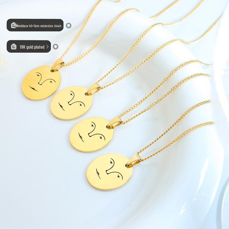 Creative Smiley Face Portrait Pendant Necklace - Gold Plated Titanium Steel Clavicle Chain, European & American Style