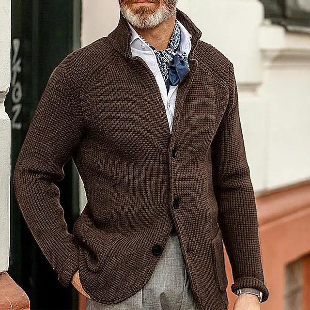 Men's Slim Fit Knitted Sweater - Solid Color, Turn-Down Collar, Long Sleeve, Trendy Brand for Fall/Winter